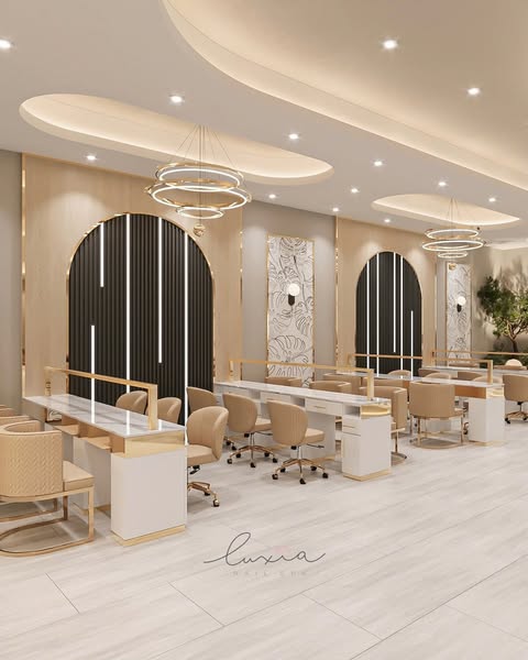 3D render of full salon with arched mirrors and chandeliers